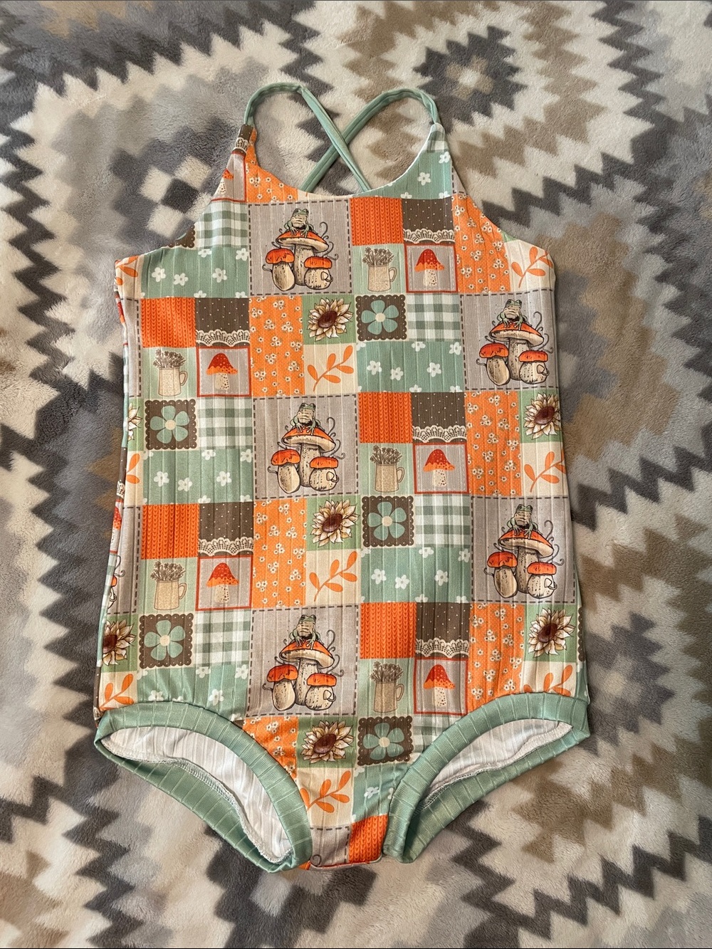 Girls Cottage Core Patchwork Mushroom One-Piece Sun or Body Suit